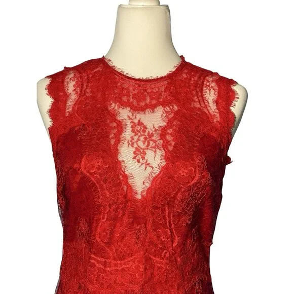 LULUS RED LACE MINI DRESS SHEER BACK EMBROIDERED SZ M EUC ROMANTIC FEMININE - Picture 2 of 8